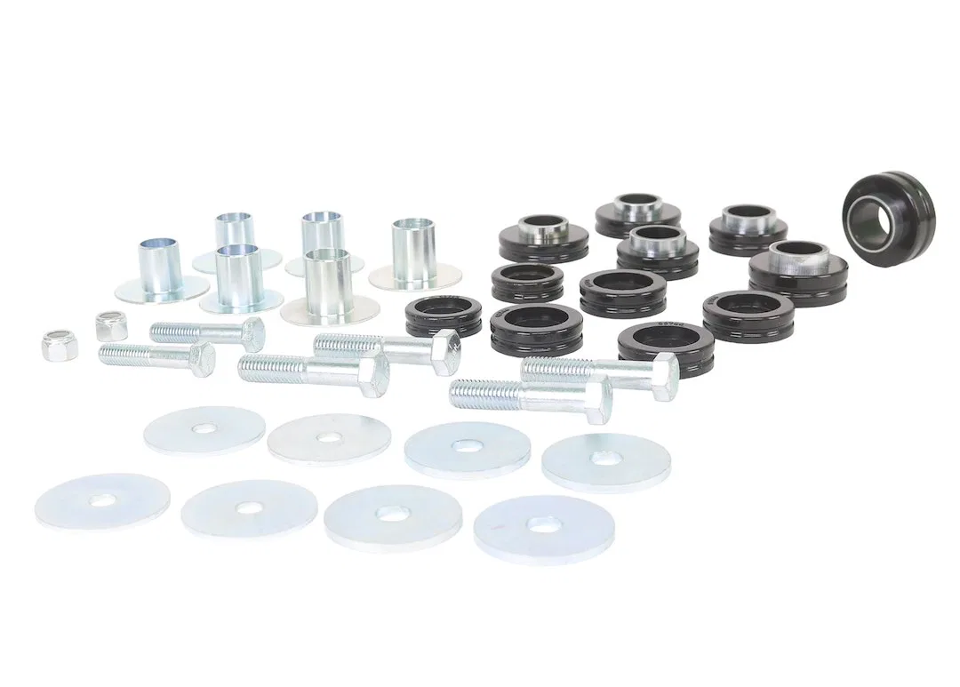 W93494 – WHITELINE Body Mount Bushings, Pack Of 12 With Six Tubes/ Six Bolts/ Eight Washers/ Two Nuts/ Grease